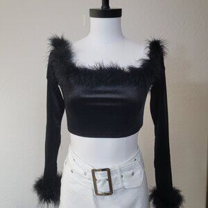 Festival Velour Crop Fur Trim Top~ Womens Sz M ~ Black Whimsygoth Glam ~Edikted
